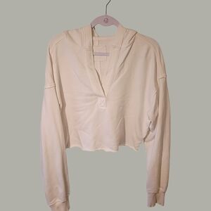 Aerie Cream V-Neck Cropped Hoodie